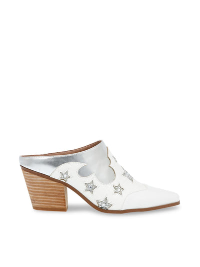 BETSEY JOHNSON Womens White Patterned Metallic Dennis Almond Toe Stacked Heel Slip On Heeled Mules Shoes 9.5 M