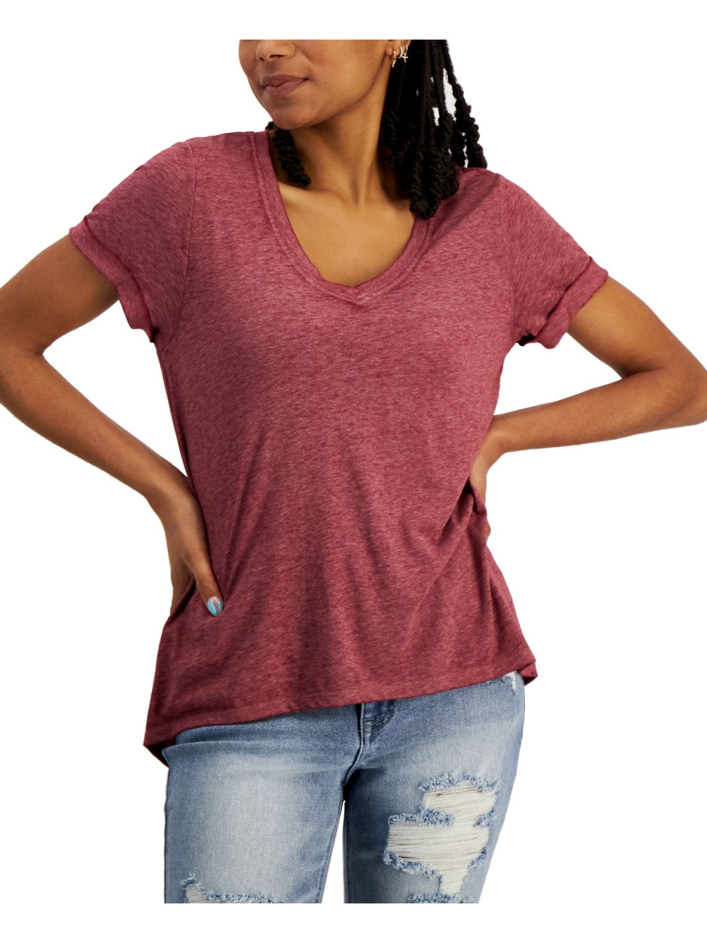 HIPPIE ROSE Womens Pink Short Sleeve V Neck T-Shirt Juniors S