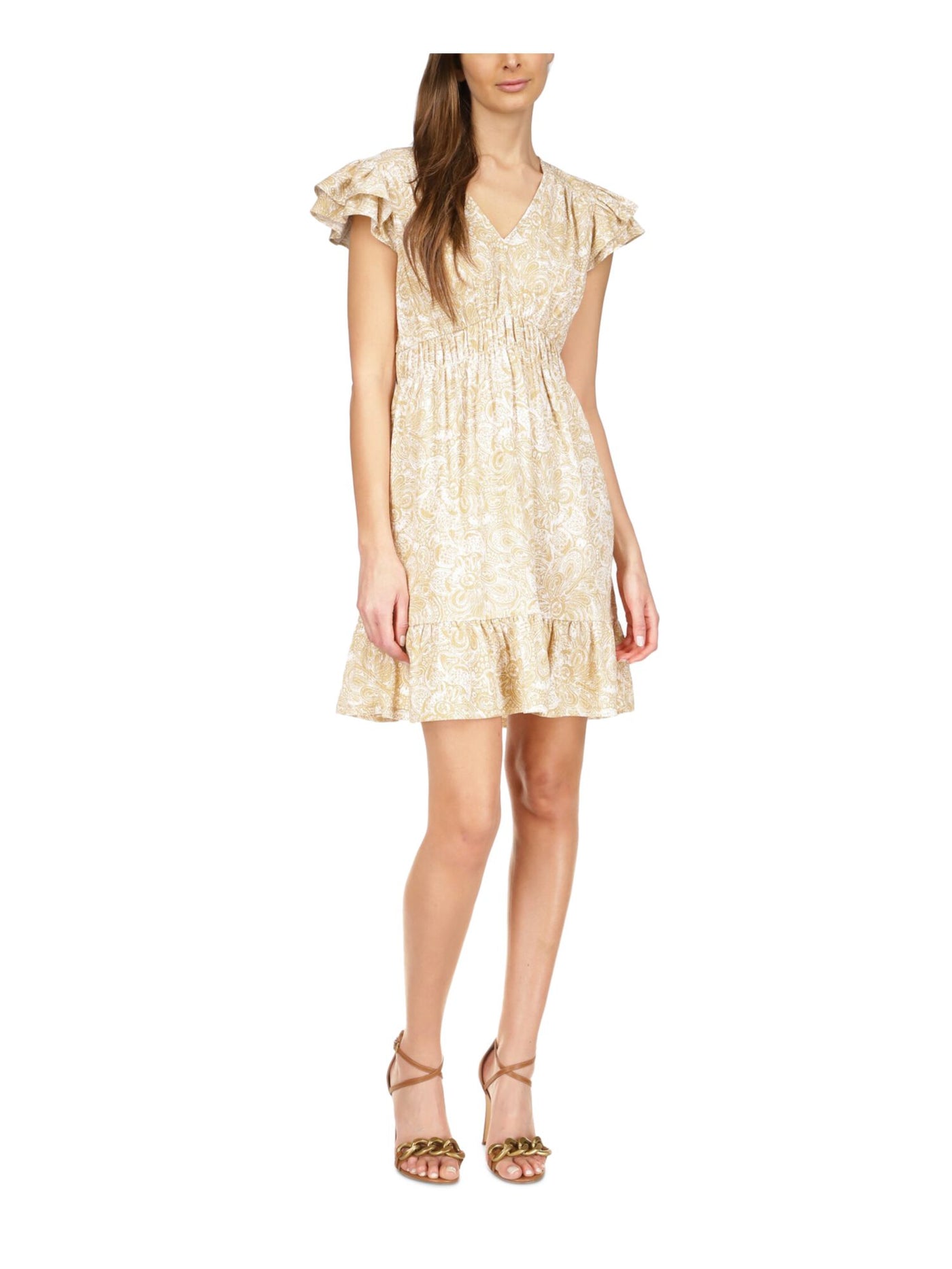 MICHAEL MICHAEL KORS Womens Beige Paisley Flutter Sleeve V Neck Short Fit + Flare Dress XL