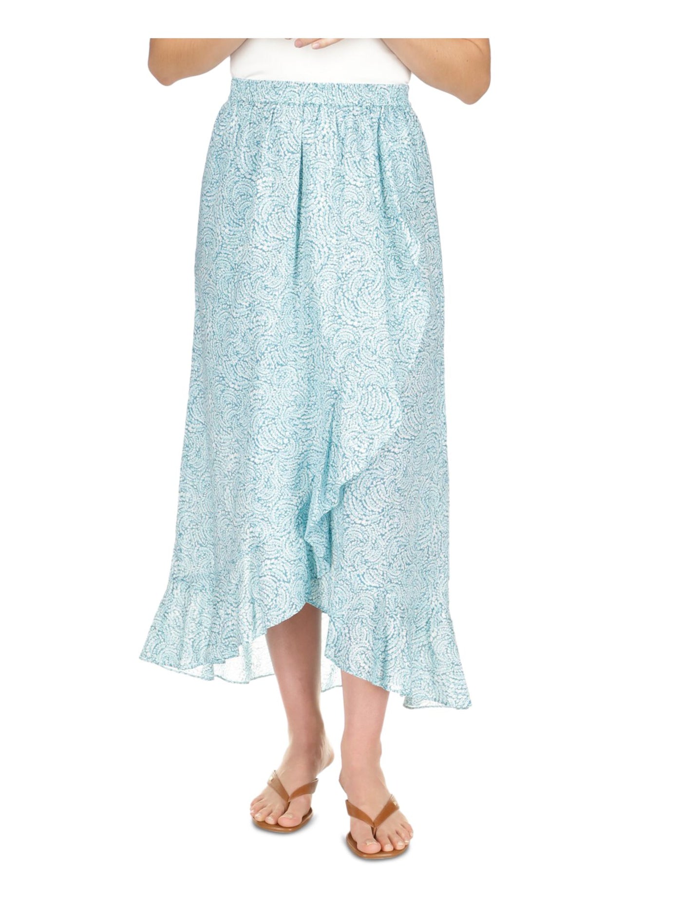 MICHAEL MICHAEL KORS Womens Aqua Ruffled Elastic Wasteline Paisley Midi Wrap Skirt Petites P\M