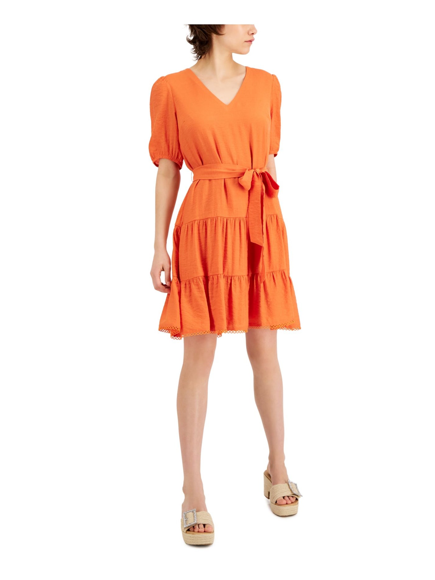 INC DRESSES Womens Orange Zippered Embellished Tiered Tie Back And Waist Elbow Sleeve V Neck Above The Knee A-Line Dress M
