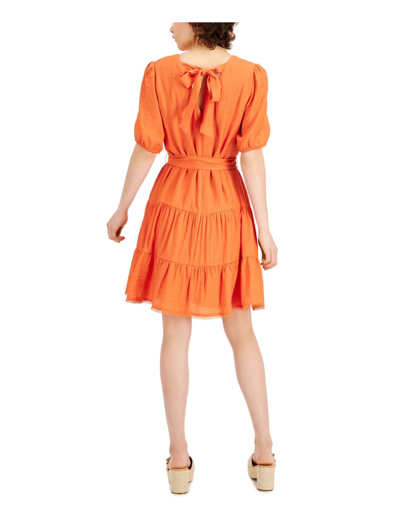 INC DRESSES Womens Orange Zippered Embellished Tiered Tie Back And Waist Elbow Sleeve V Neck Above The Knee A-Line Dress M