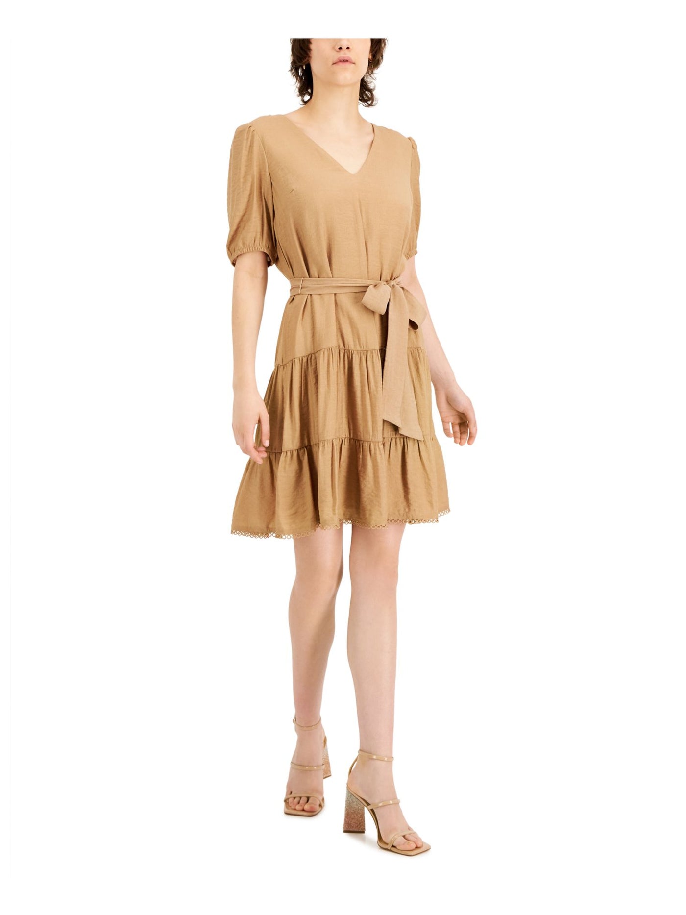 INC Womens Beige Zippered Ruffled Tiered Lined Lace Trim Tie Belt Short Sleeve V Neck Above The Knee A-Line Dress XS