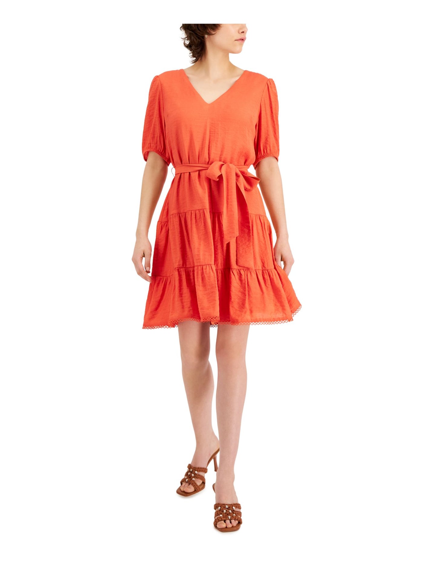 INC DRESSES Womens Coral Zippered Embellished Tiered Tie Back And Waist Elbow Sleeve V Neck Above The Knee A-Line Dress L