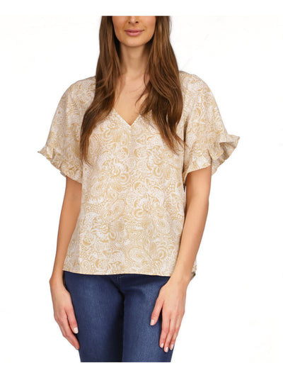 MICHAEL MICHAEL KORS Womens Beige Ruffled Slit Round Back Hem Paisley Short Sleeve V Neck Top L