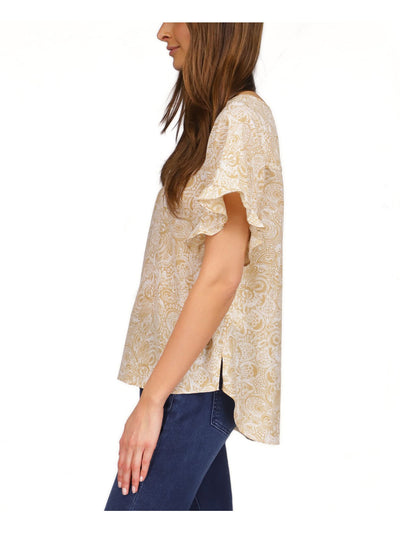 MICHAEL MICHAEL KORS Womens Beige Ruffled Slit Round Back Hem Paisley Short Sleeve V Neck Top M