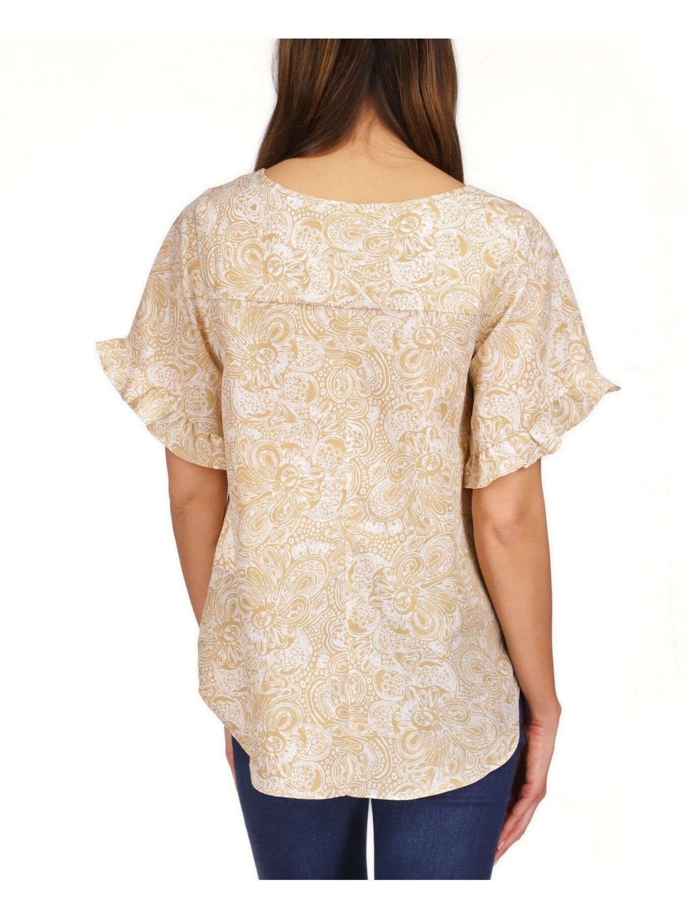 MICHAEL MICHAEL KORS Womens Beige Ruffled Slit Round Back Hem Paisley Short Sleeve V Neck Top L