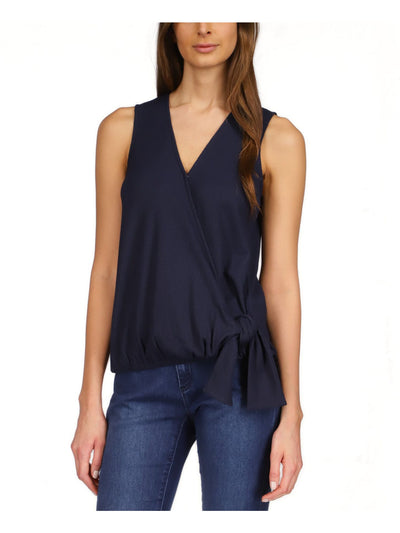 MICHAEL KORS Womens Navy Textured Tie Sleeveless Surplice Neckline Faux Wrap Top S