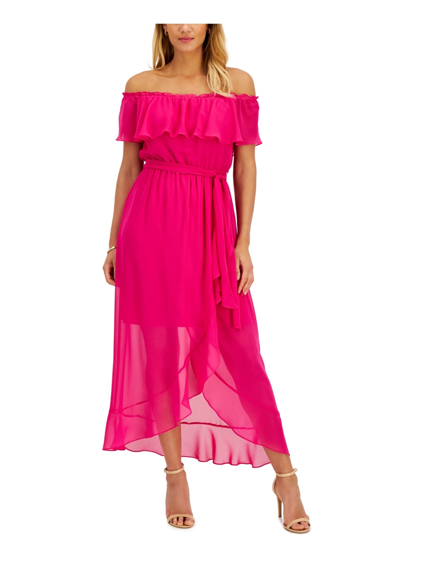 SLNY Womens Pink Ruffled Sheer Lined Tie Waist Short Sleeve Off Shoulder Maxi Party Fit + Flare Dress 16