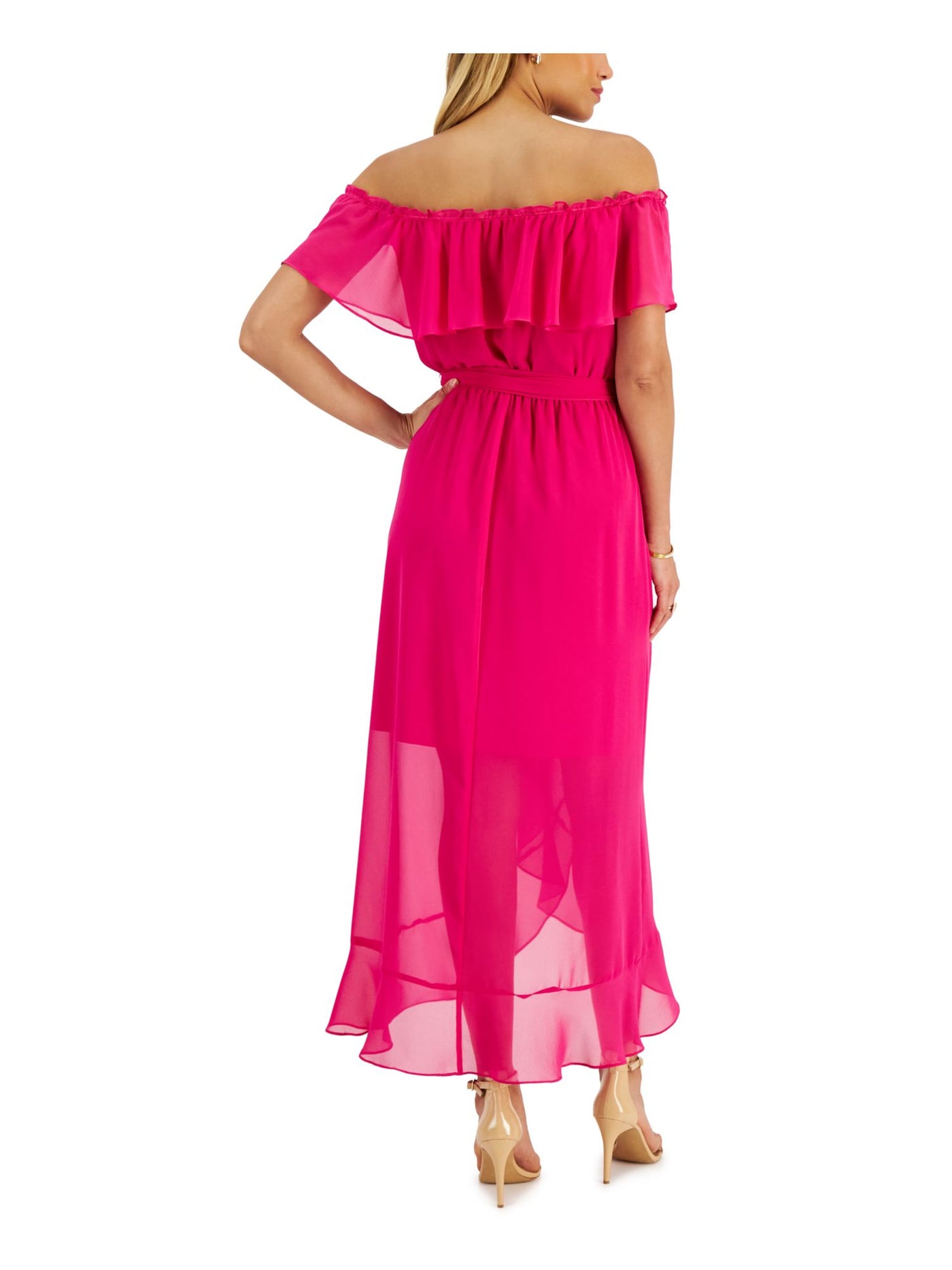 SLNY Womens Pink Ruffled Sheer Lined Tie Waist Short Sleeve Off Shoulder Maxi Party Fit + Flare Dress 6