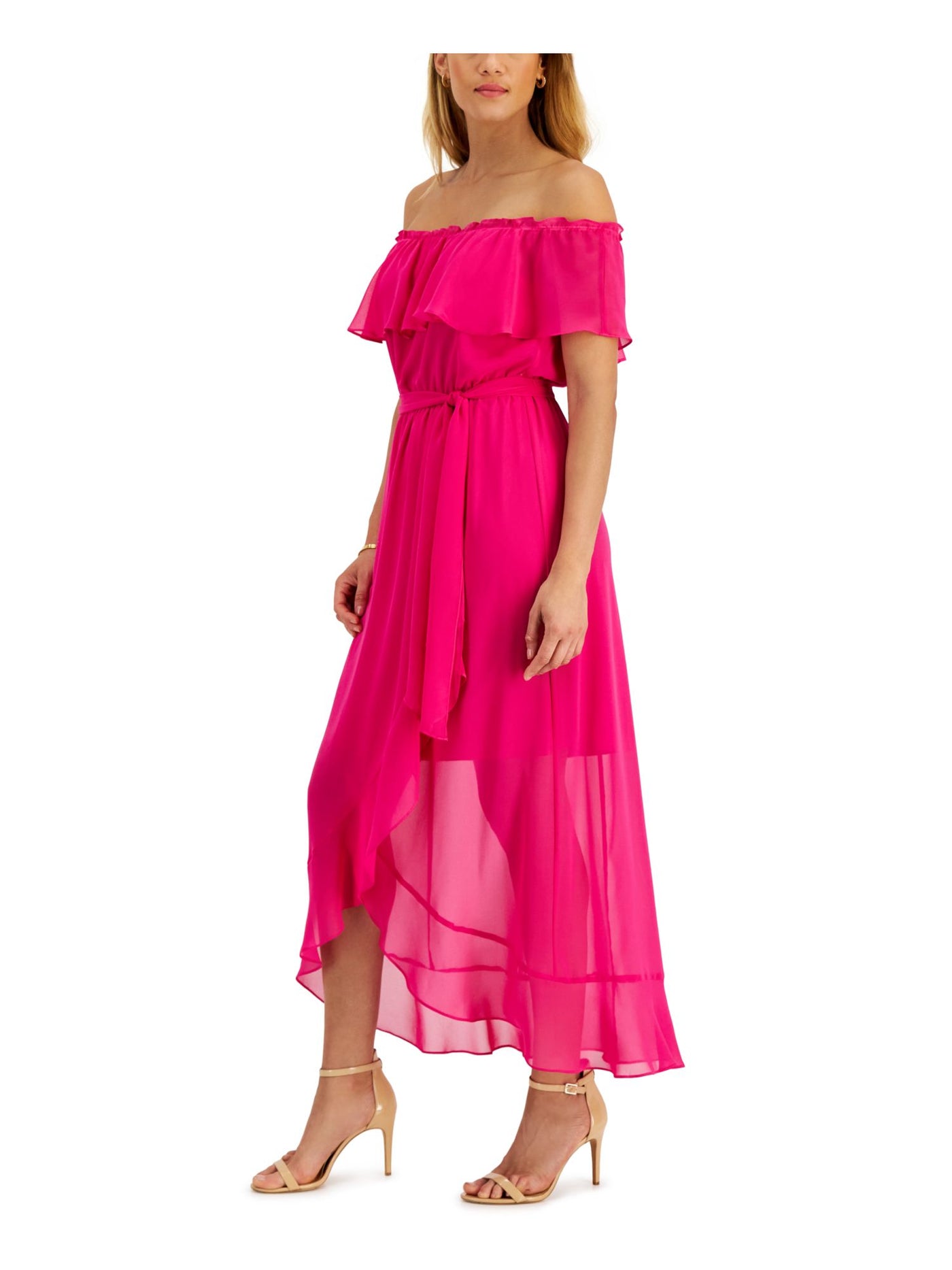 SLNY Womens Pink Ruffled Sheer Lined Tie Waist Short Sleeve Off Shoulder Maxi Party Fit + Flare Dress 8