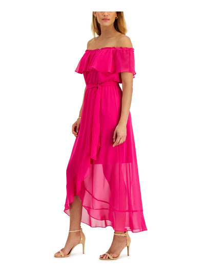 SLNY Womens Pink Ruffled Sheer Lined Tie Waist Short Sleeve Off Shoulder Maxi Party Fit + Flare Dress 16
