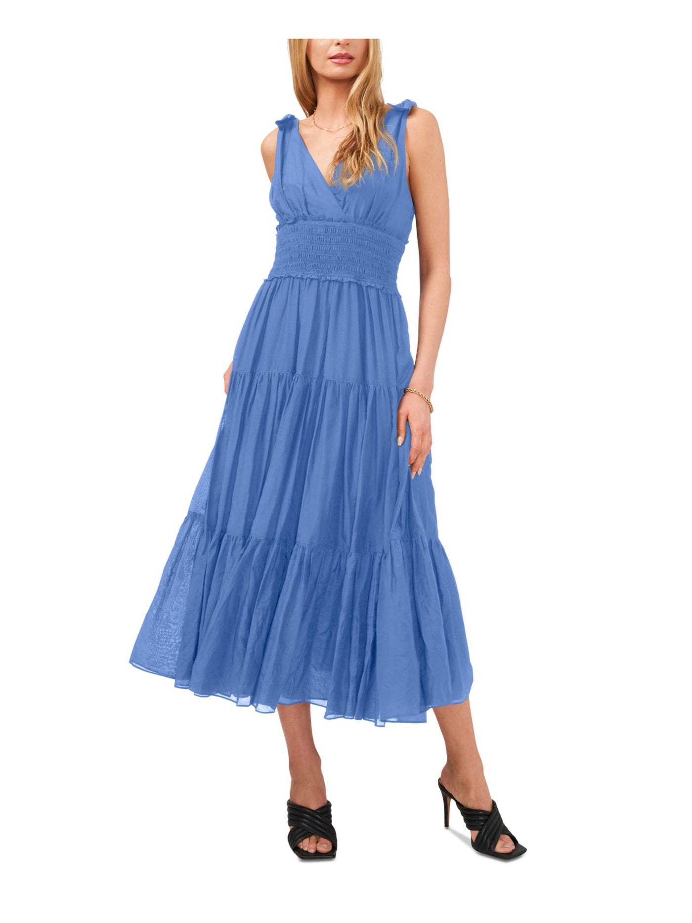 VINCE CAMUTO Womens Blue Smocked Pullover Tie Straps Tiered Lined Sleeveless V Neck Midi Cocktail Fit + Flare Dress XXL
