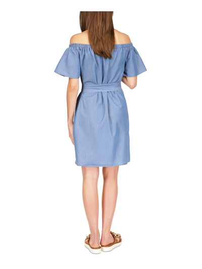 MICHAEL KORS Womens Blue Flutter Sleeve Off Shoulder Above The Knee Shift Dress S