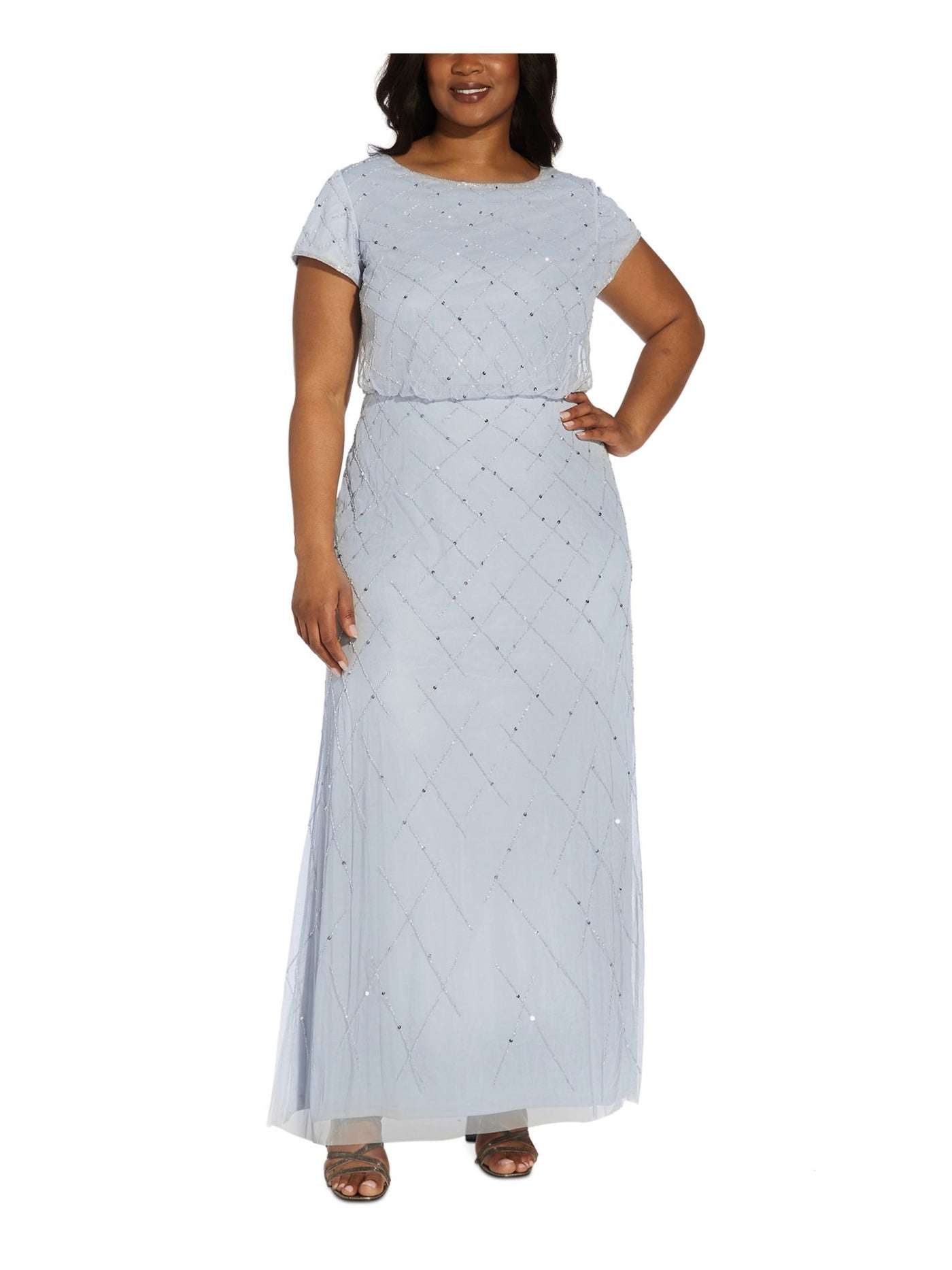 ADRIANNA PAPELL Womens Light Blue Beaded Sequined Zippered Short Sleeve Scoop Neck Full-Length Party Gown Dress Plus 16W