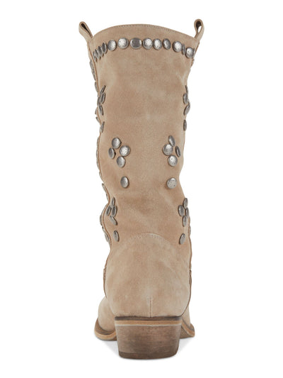 DKNY Womens Beige Studded Zari Round Toe Block Heel Leather Cowboy Boots 6