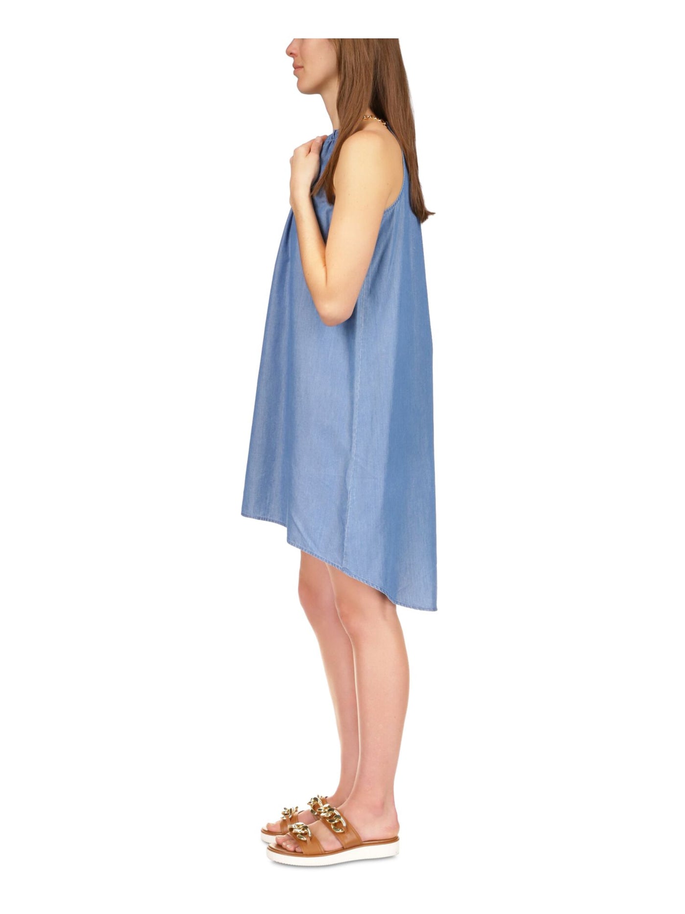 MICHAEL MICHAEL KORS Womens Blue Sleeveless Keyhole Knee Length Hi-Lo Dress L