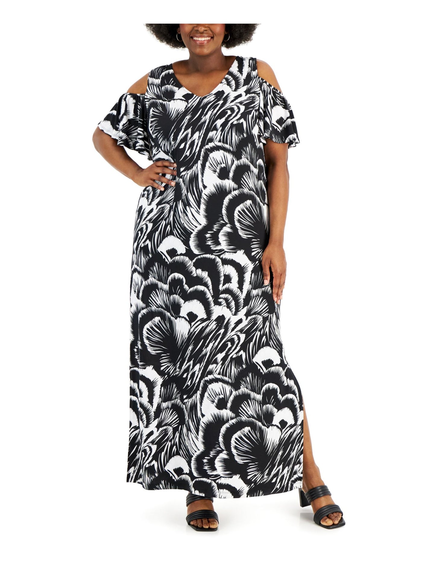 CONNECTED APPAREL Womens Black Cold Shoulder Slitted Printed Flutter Sleeve V Neck Maxi Shift Dress Plus 16W