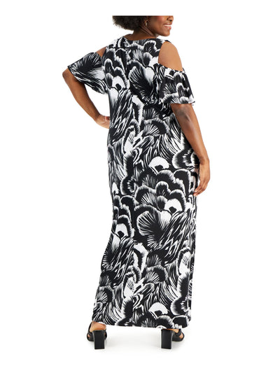 CONNECTED APPAREL Womens Black Cold Shoulder Slitted Printed Flutter Sleeve V Neck Maxi Shift Dress Plus 16W