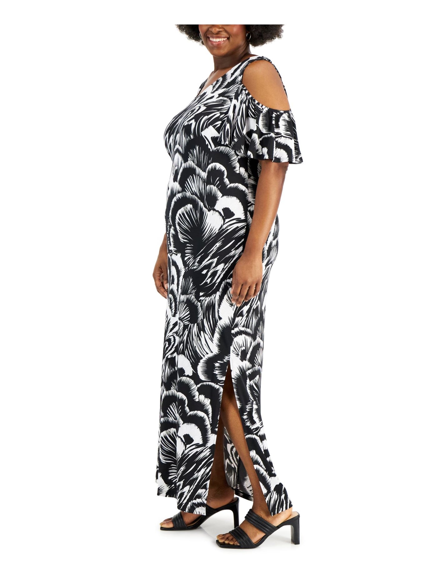 CONNECTED APPAREL Womens Black Cold Shoulder Slitted Printed Flutter Sleeve V Neck Maxi Shift Dress Plus 16W