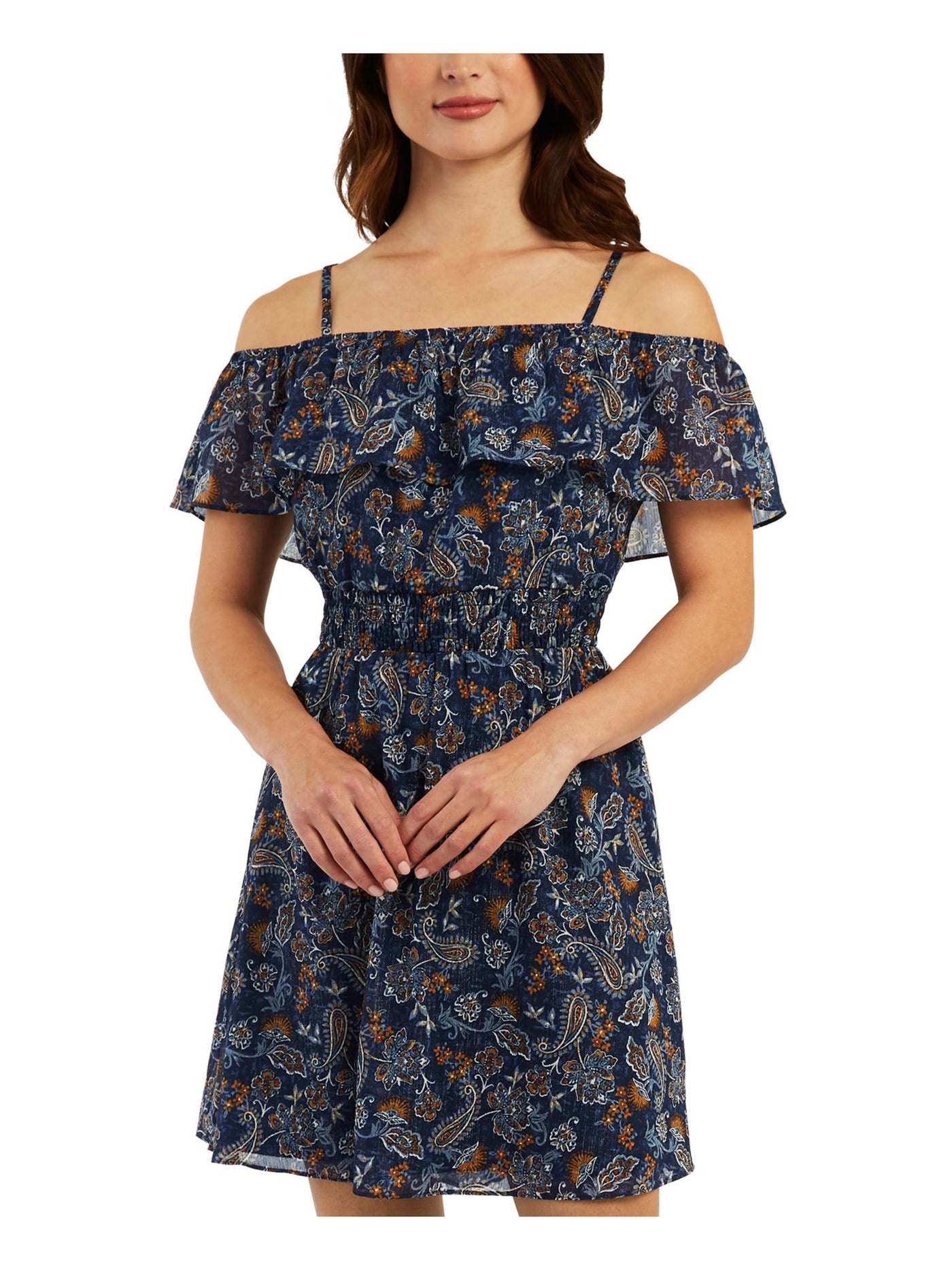 BCX DRESS Womens Navy Smocked Adjustable Sheer Lined Paisley Spaghetti Strap Off Shoulder Above The Knee Fit + Flare Dress Juniors XXS