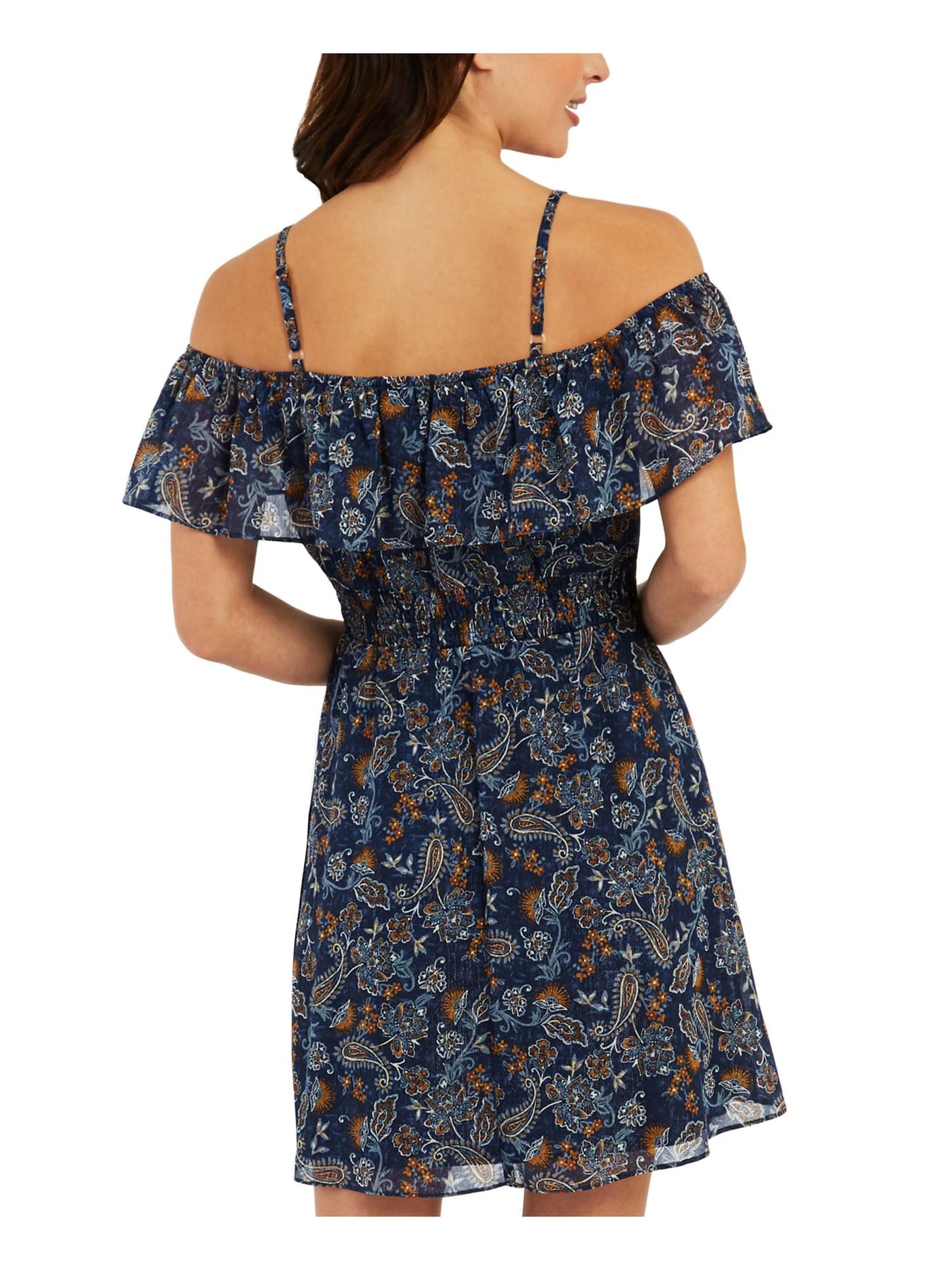 BCX DRESS Womens Navy Smocked Adjustable Sheer Lined Paisley Spaghetti Strap Off Shoulder Above The Knee Fit + Flare Dress XL
