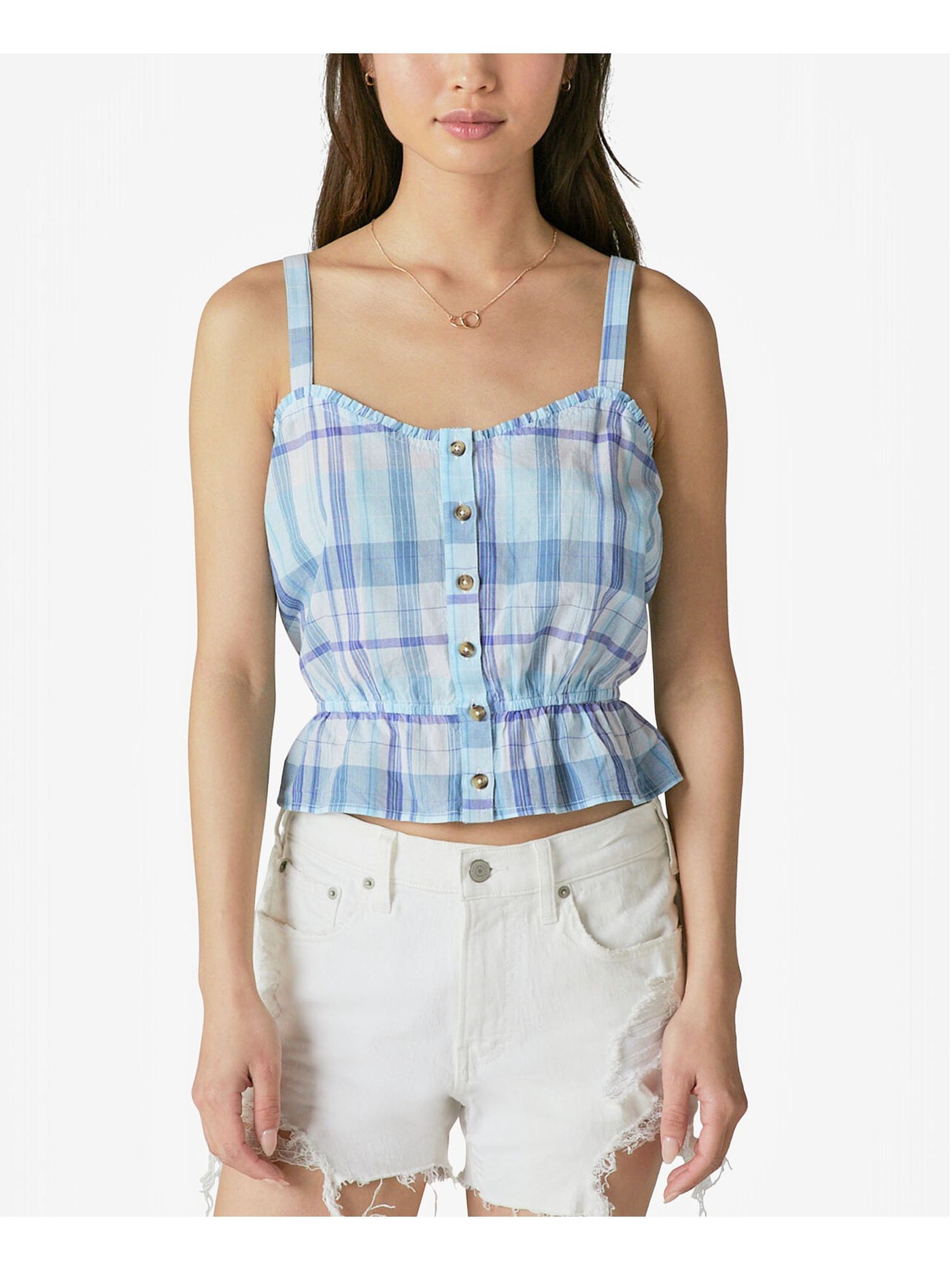 LUCKY BRAND Womens Blue Ruffled Smocked Button-front Closures Plaid Sleeveless Square Neck Tank Top XL