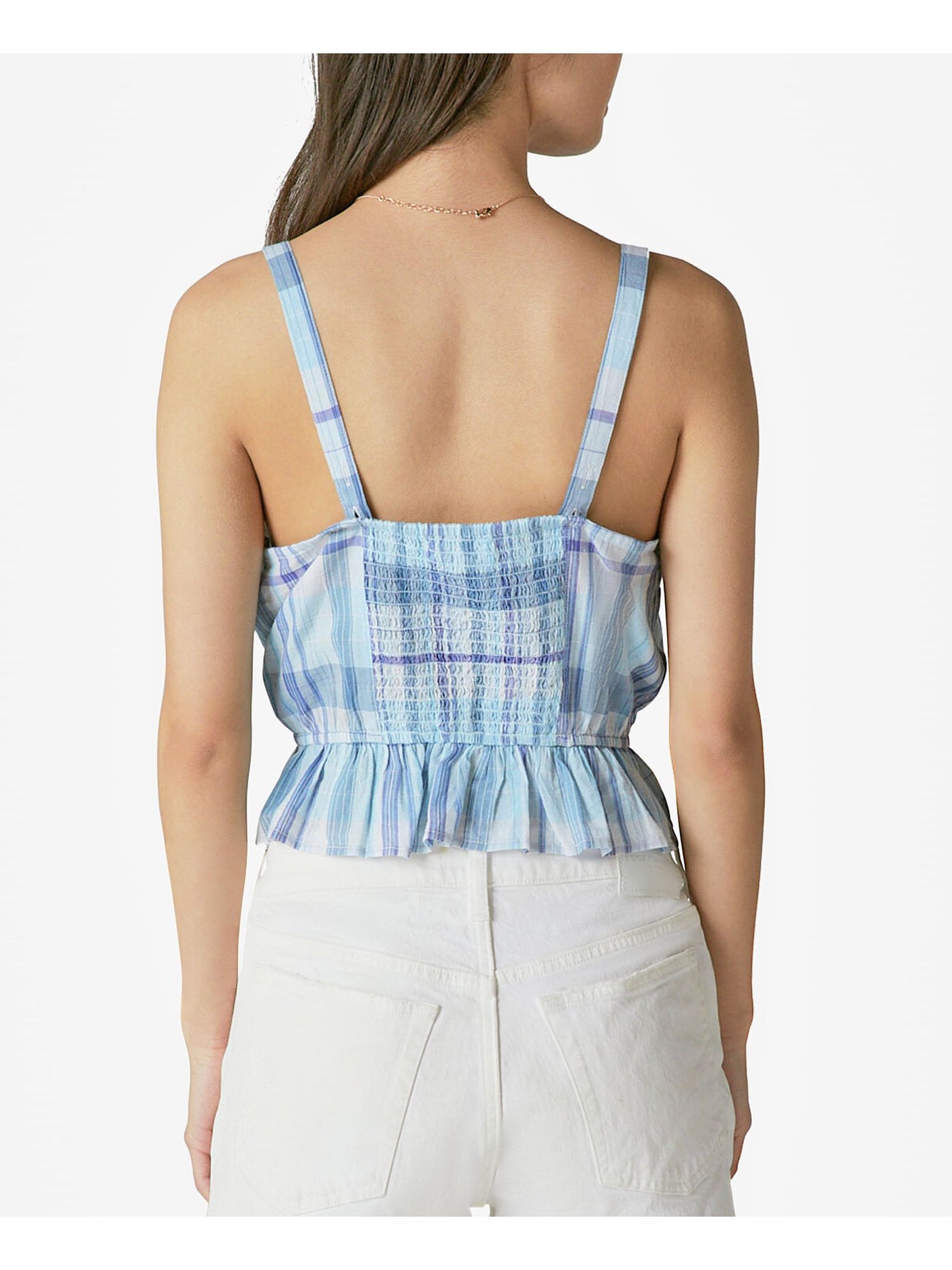 LUCKY BRAND Womens Blue Ruffled Smocked Button-front Closures Plaid Sleeveless Square Neck Tank Top XL