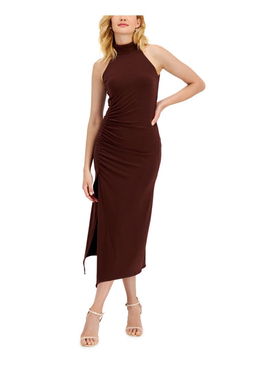 TAYLOR Womens Brown Zippered Slitted Shirred Side Asymmetrical Hem Sleeveless Mock Neck Midi Party Sheath Dress 4