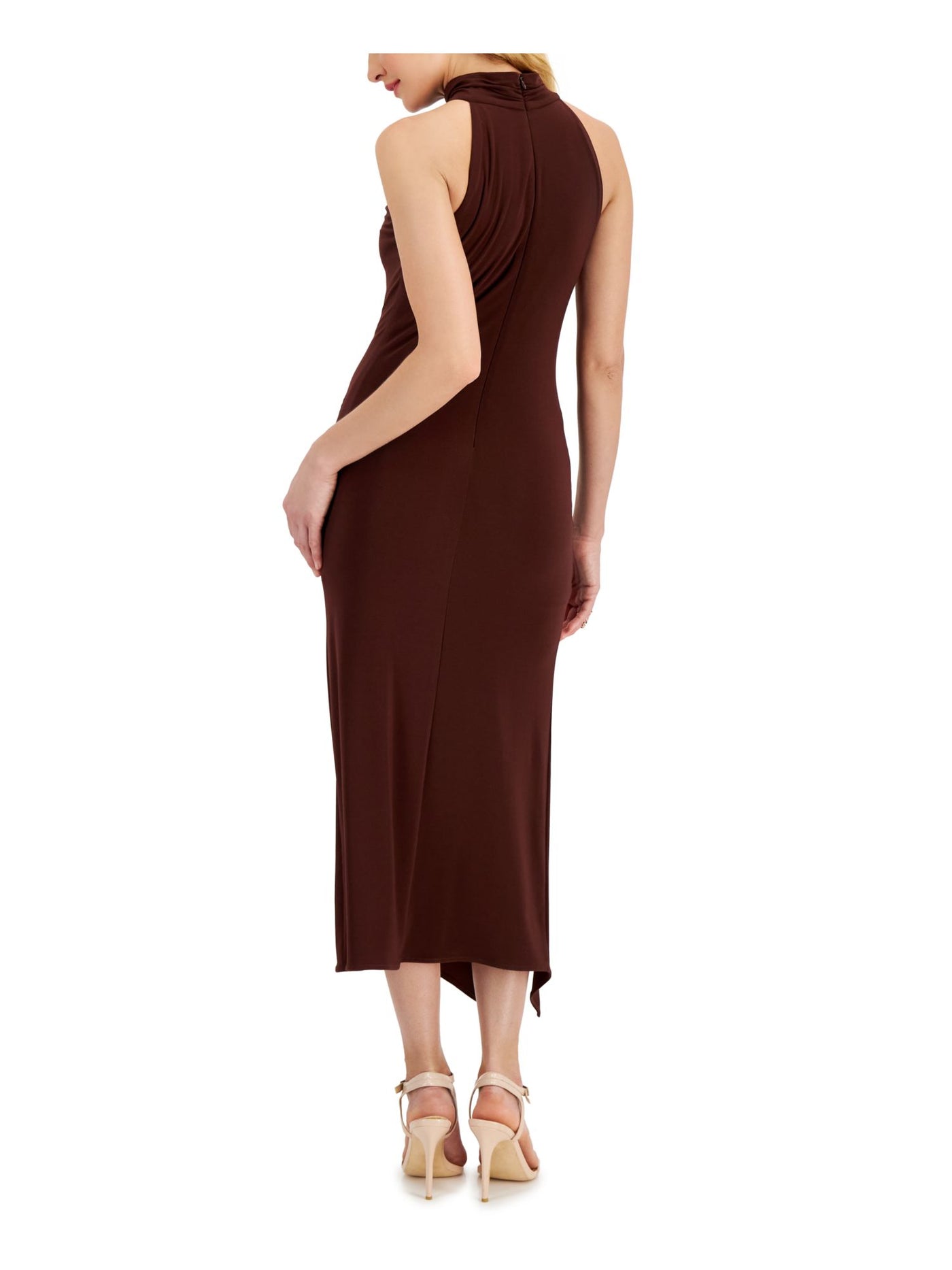 TAYLOR Womens Brown Zippered Slitted Shirred Side Asymmetrical Hem Sleeveless Mock Neck Midi Party Sheath Dress 4