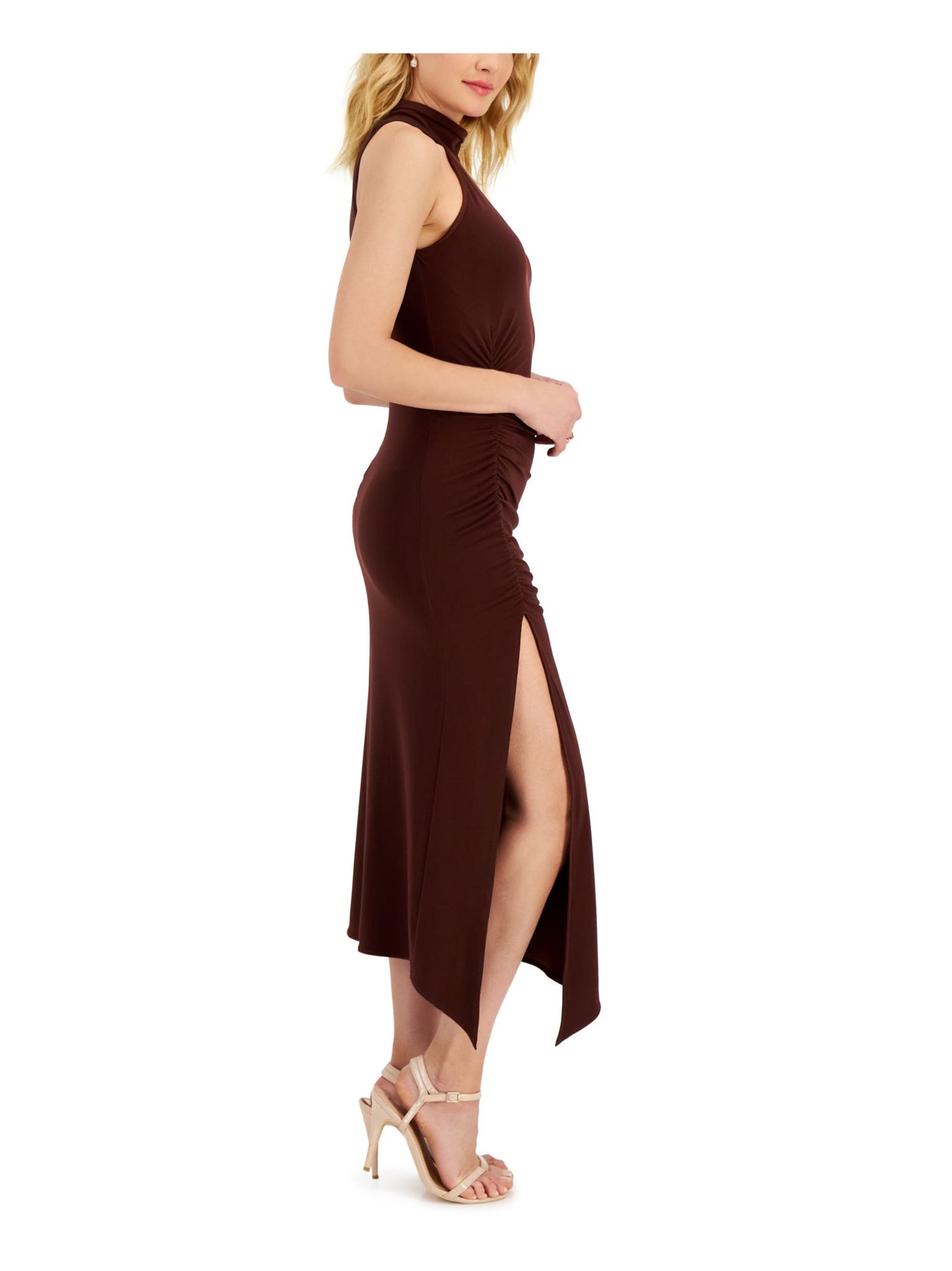 TAYLOR Womens Brown Zippered Slitted Shirred Side Asymmetrical Hem Sleeveless Mock Neck Midi Party Sheath Dress 4