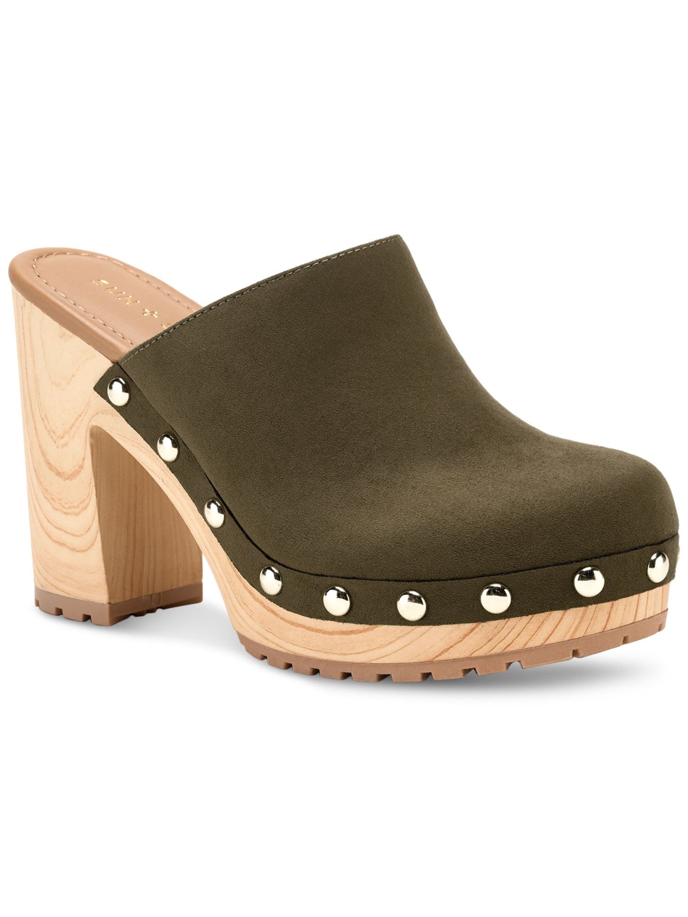 SUN STONE Womens Green 1" Platform Goring Studded Padded Taanya Round Toe Block Heel Slip On Clogs Shoes 6 M