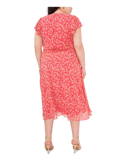 MSK WOMEN Womens Pink Lined Floral Short Sleeve V Neck Midi Wear To Work Blouson Dress Plus 3X