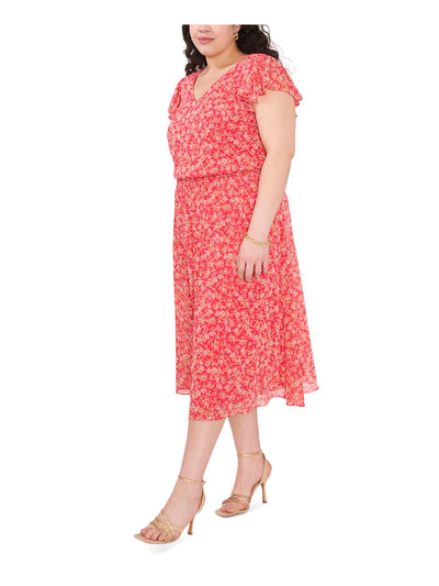 MSK WOMEN Womens Pink Lined Floral Short Sleeve V Neck Midi Wear To Work Blouson Dress Plus 3X