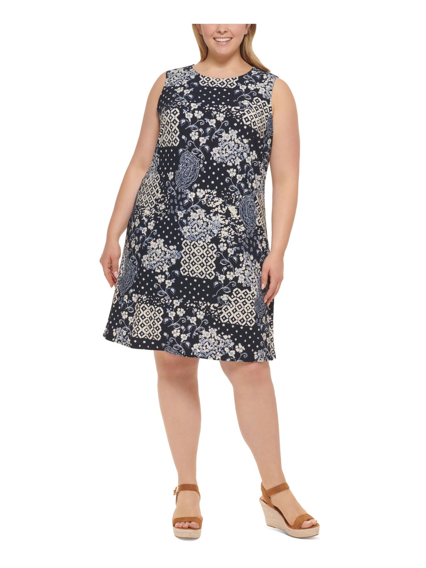 TOMMY HILFIGER Womens Navy Printed Sleeveless Round Neck Above The Knee Shift Dress Plus 16W