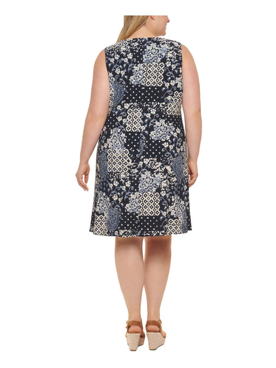 TOMMY HILFIGER Womens Navy Printed Sleeveless Round Neck Above The Knee Shift Dress Plus 16W