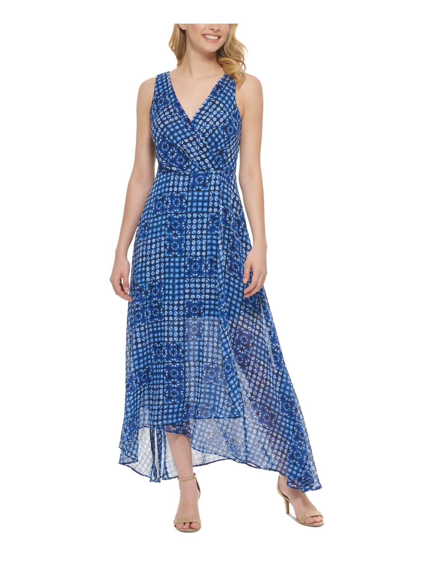 TOMMY HILFIGER Womens Blue Zippered Sheer Asymmetrical Hem Lined Printed Sleeveless V Neck Maxi Fit + Flare Dress 12