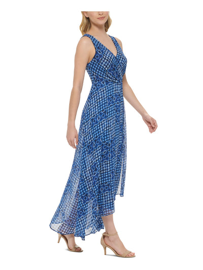 TOMMY HILFIGER Womens Blue Zippered Sheer Asymmetrical Hem Lined Printed Sleeveless V Neck Maxi Fit + Flare Dress 12