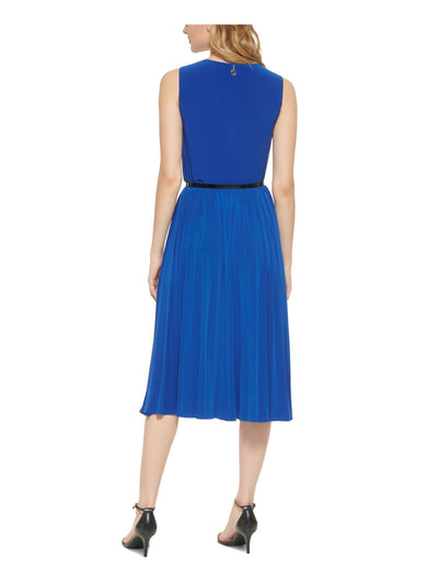 TOMMY HILFIGER Womens Blue Zippered Pleated Belted Lined Sleeveless V Neck Tea-Length A-Line Dress 8