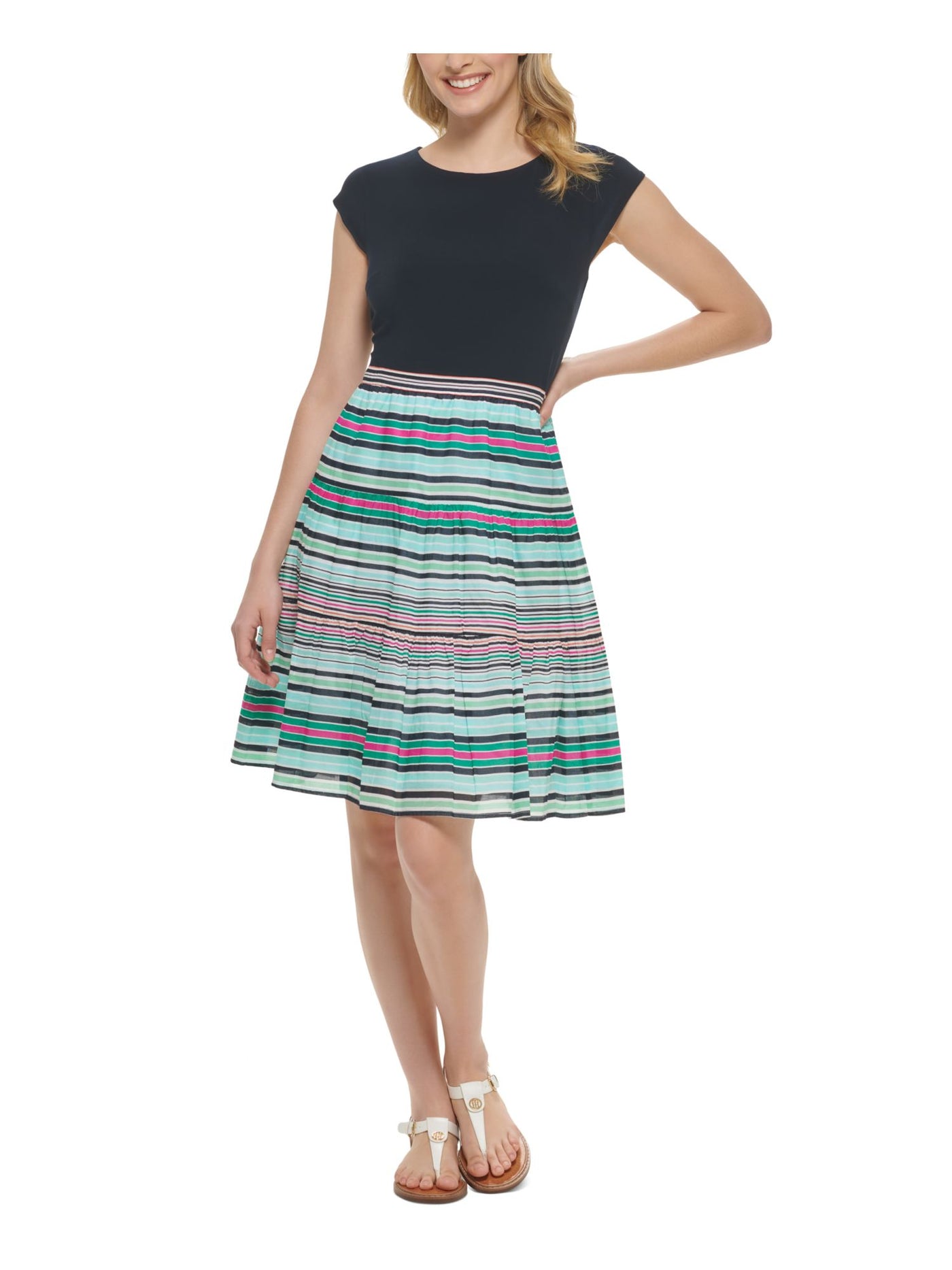 TOMMY HILFIGER Womens Navy Zippered Lined Stripetiered Skirt Short Sleeve Round Neck Above The Knee Fit + Flare Dress 2