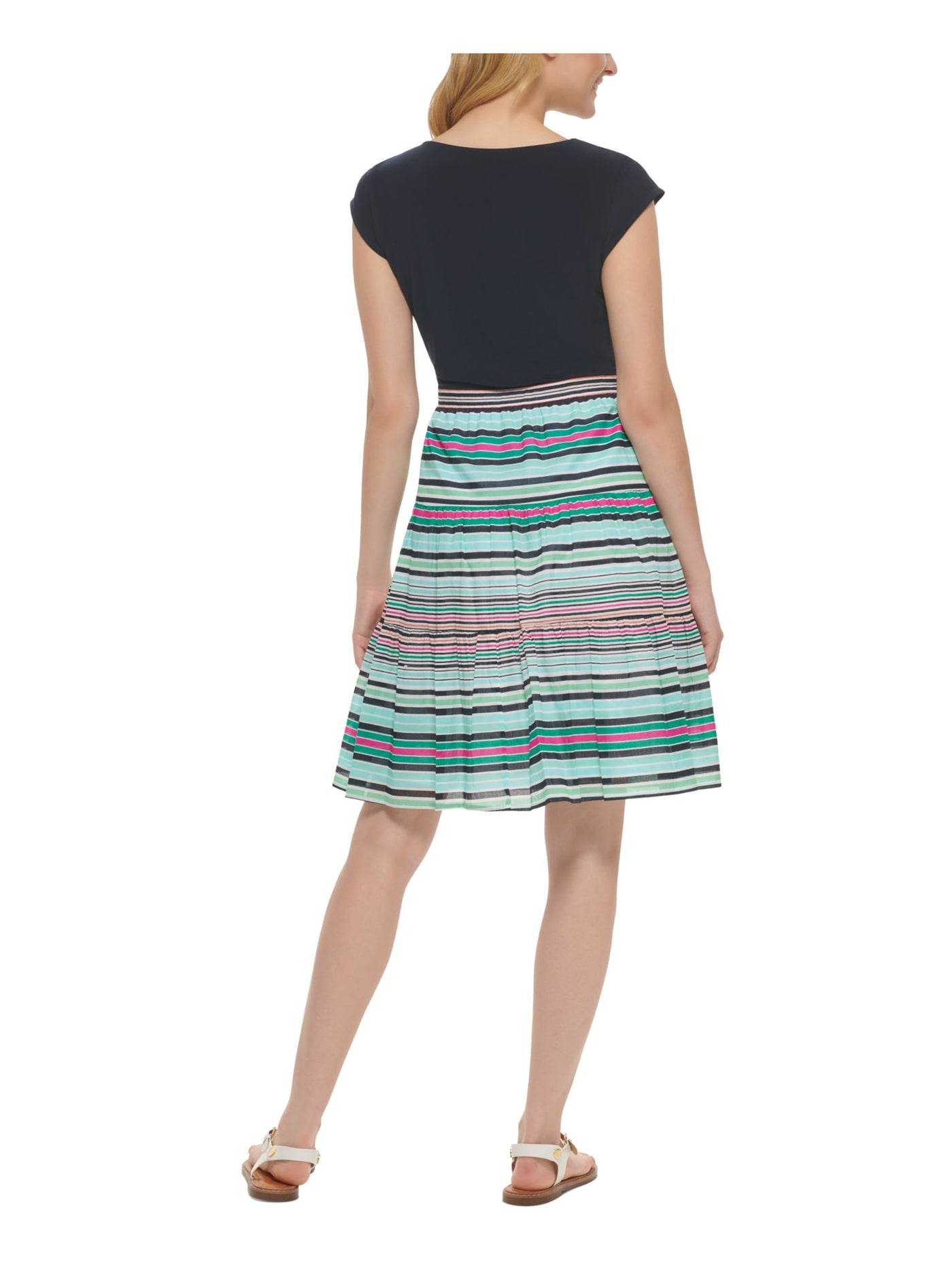 TOMMY HILFIGER Womens Navy Zippered Lined Stripetiered Skirt Short Sleeve Round Neck Above The Knee Fit + Flare Dress 2