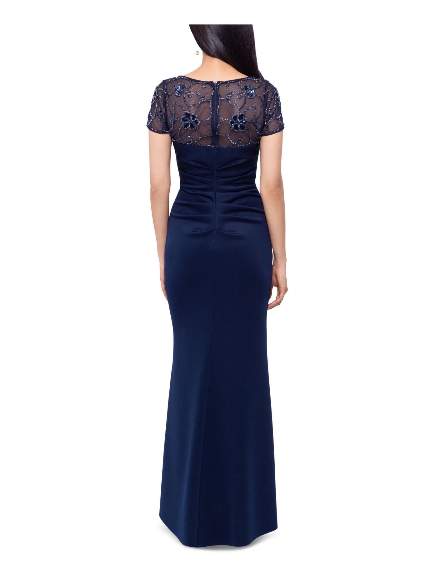 XSCAPE Womens Navy Embellished Pleated Zippered Wrap Skirt Lined Short Sleeve Boat Neck Full-Length Evening Gown Dress 6