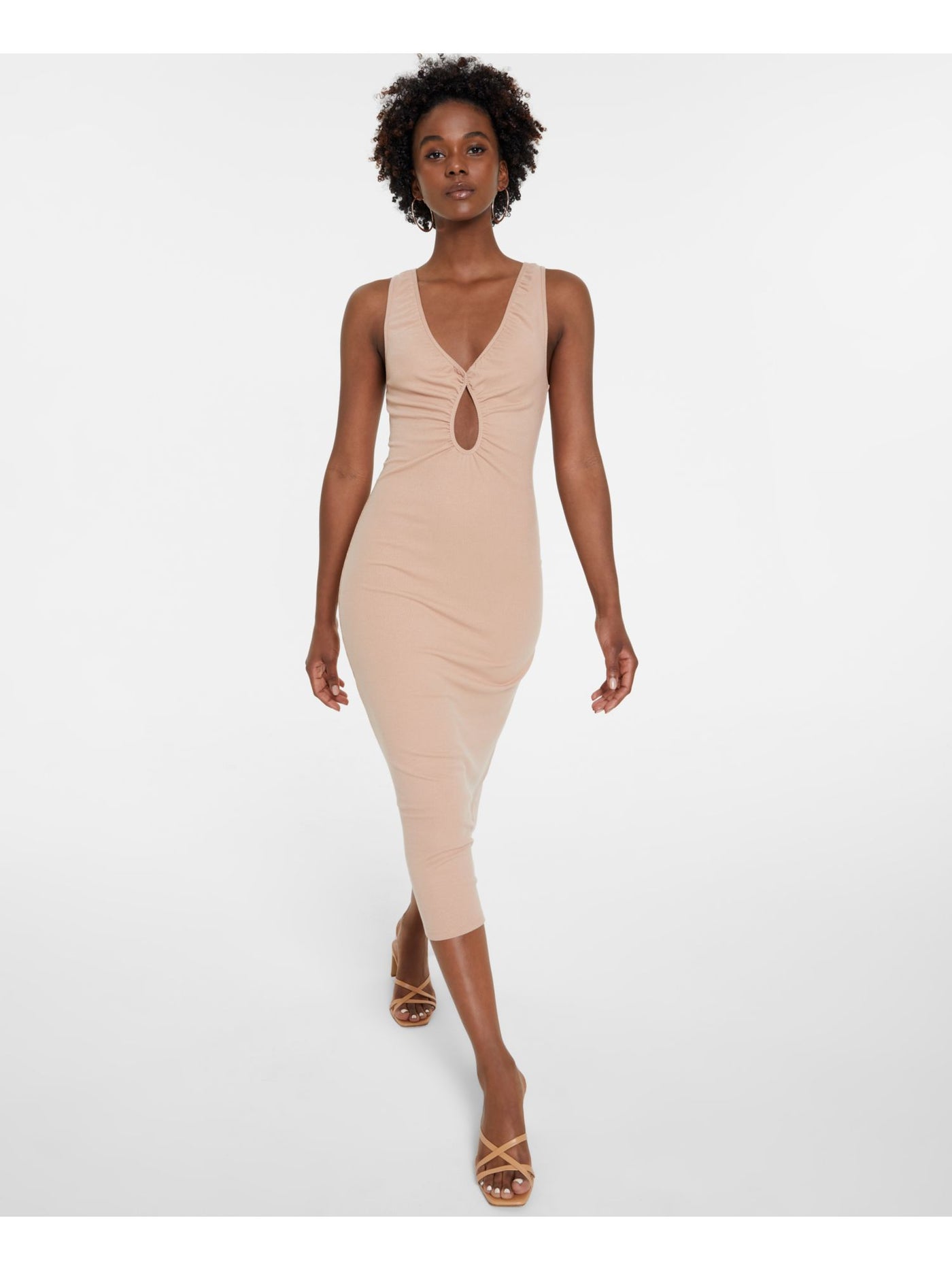 LEYDEN Womens Beige Ribbed Cut Out Gathered Unlined Sleeveless V Neck Midi Cocktail Body Con Dress M