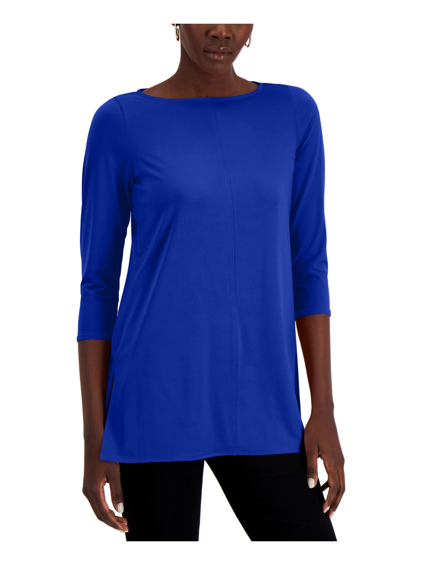 ALFANI Womens Blue Slitted 3/4 Sleeve Round Neck Tunic Top XS