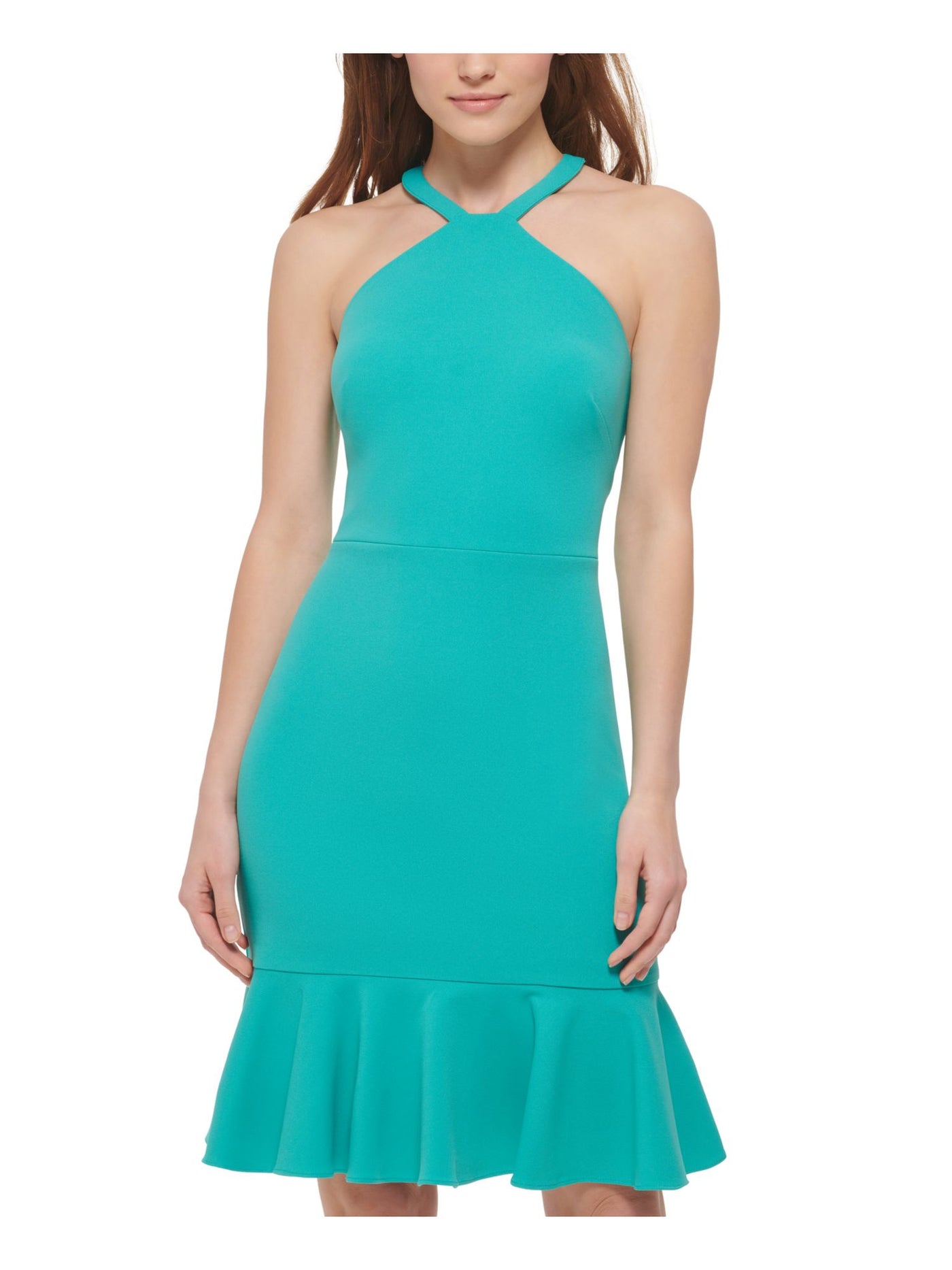 VINCE CAMUTO Womens Turquoise Zippered Ruffled Cutout Back Lined Sleeveless Halter Above The Knee Party Sheath Dress 8