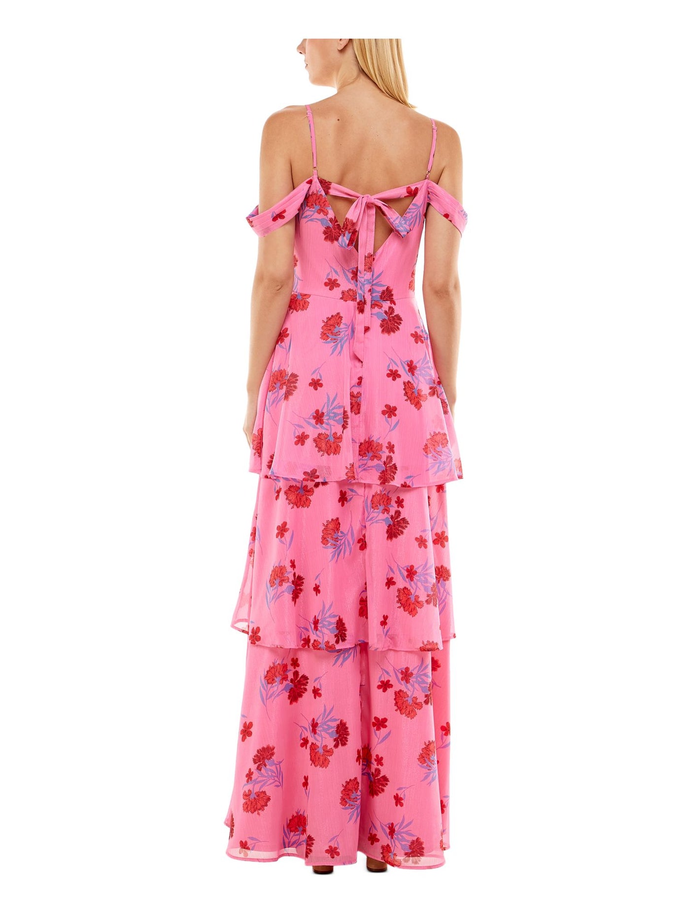 CRYSTAL DOLLS Womens Pink Cold Shoulder Zippered Adjustable Straps Tiered Floral Sleeveless V Neck Maxi Cocktail Dress Juniors 9
