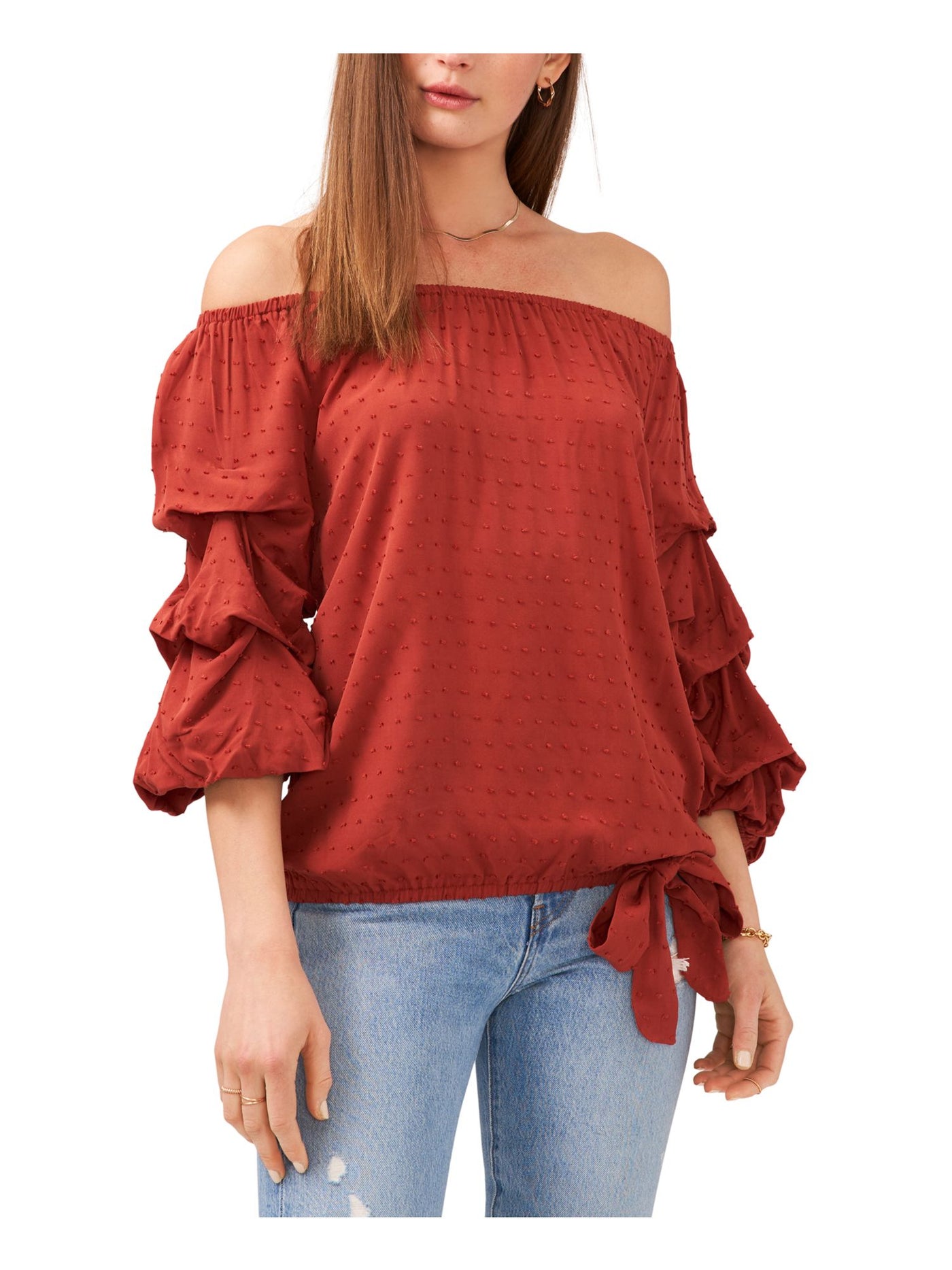 VINCE CAMUTO Womens Brown Ruffled 3/4 Sleeve Off Shoulder Party Top S