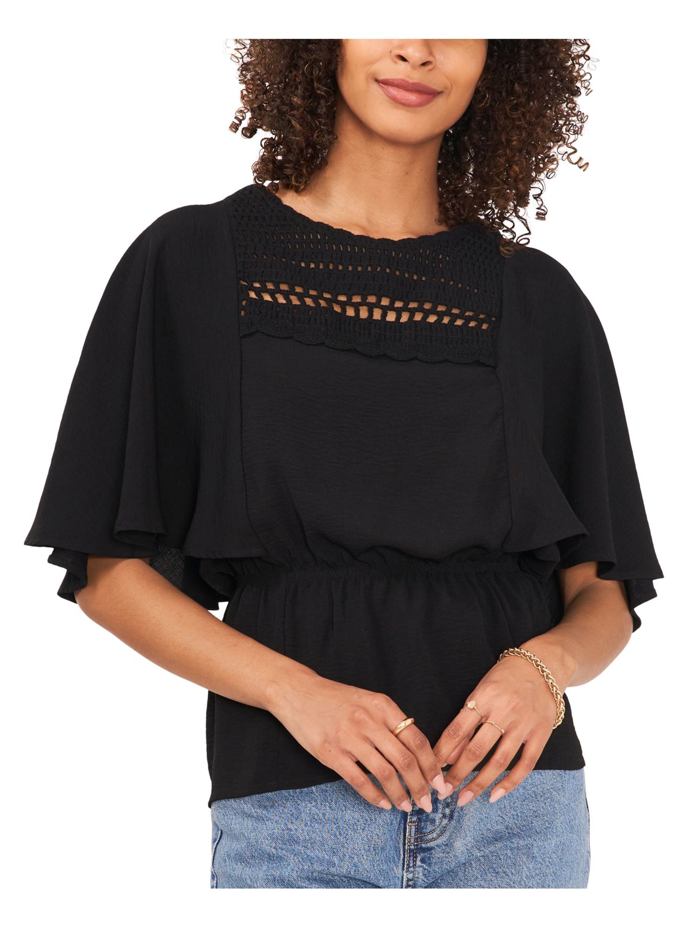 VINCE CAMUTO Womens Black Flutter Sleeve Round Neck Peplum Top XS