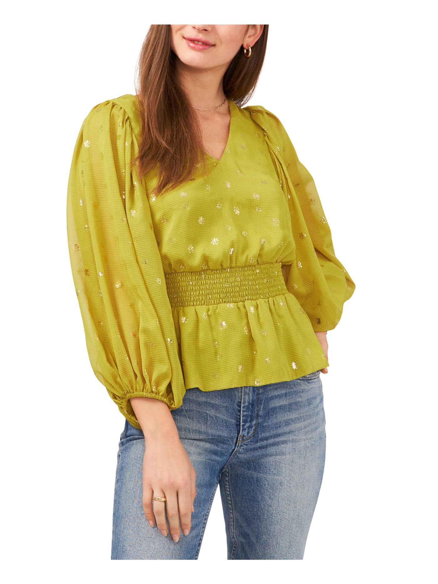 VINCE CAMUTO Womens Green Lined Smocked Waist Pouf Sleeve V Neck Blouse S