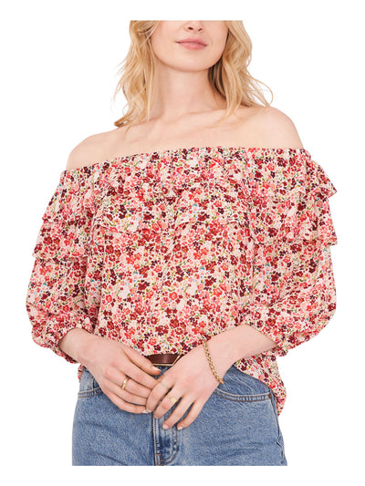 VINCE CAMUTO Womens Sheer 3/4 Sleeve Elasticized Tiered Off Shoulder Top
